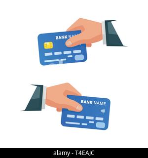 Hands holding bank cards. Isolated businessman holding credit card. Hand with NFC payment credit card. Bank card with contactless payment technology.  Stock Vector