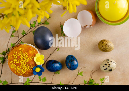 Muffins decorated with sprinkles, yellow flowers of mastic and blue easter quail eggs on pastel blue background. Top view. Easter Holidays and greetin Stock Photo