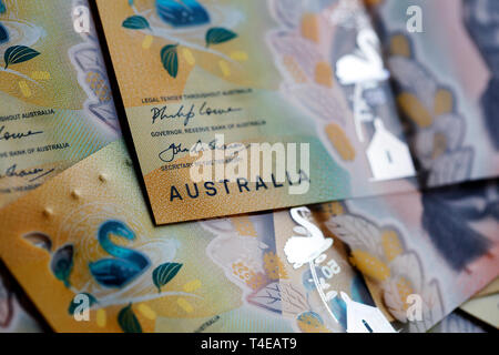 Australian fifty dollar banknote. The new 2019 issue bill is designed to deter counterfeiting, the note is polymer with a clear holographic strip. Stock Photo