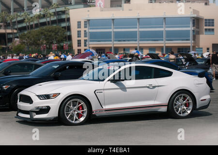 A white ford mustang gt 350 model displayed at a car show in Anaheim California during the 2019 fabulous fords forever auto show. Stock Photo