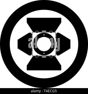 Studio spot lights Studio projector front view Spotlight Movie equipment Spot lamp Projector light concept icon in circle round black color vector Stock Vector