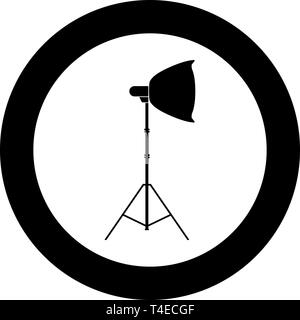 Spotlight on tripod Light projector Softbox on tripod Tripod light Equipment for professional photography Theater light icon in circle round black Stock Vector