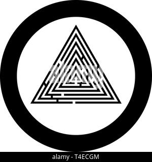 Triangular labyrinth Maze conundrum Labyrinth conundrum icon in circle round black color vector illustration flat style simple image Stock Vector