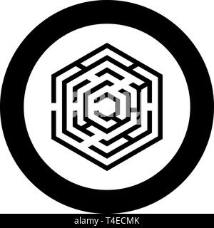 Hexagonal Maze Hexagon maze Labyrinth with six corner icon in circle round black color vector illustration flat style simple image Stock Vector