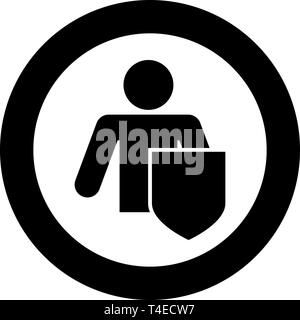 Stick man with shield Protecting personal data concept Man holding shield for reflecting attack Protected from attack idea icon in circle round black Stock Vector