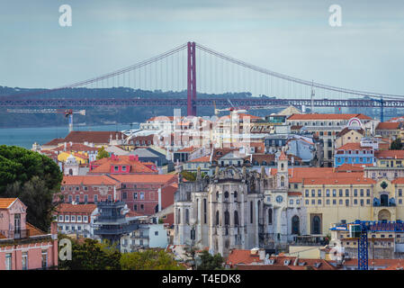 View from Rua Damasceno Monteiro street in Graca neighbourhoods of Lisbon, Portugal with Ponte 25 de Abril bridge