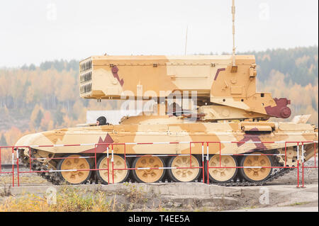Nizhniy Tagil, Russia - September 27. 2013: The loading transport for TOS-1A system fighting vehicle (Buratino). Russia Arms Expo-2013 exhibition Stock Photo