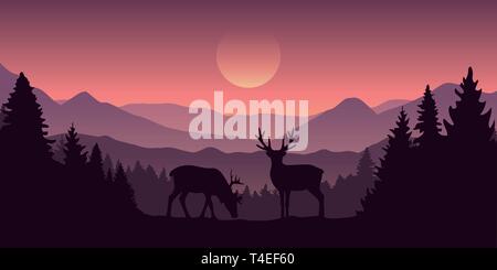 two reindeer in the mountains with forest landscape vector illustration EPS10 Stock Vector
