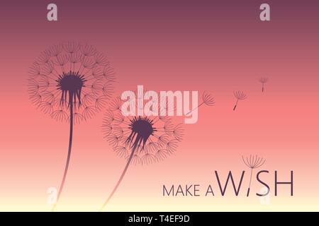 dandelion silhouette on purple background with flying seeds and make a wish text vector illustration EPS10 Stock Vector