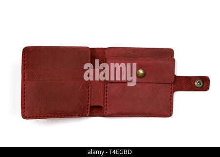 open empty red leather wallet on white background Stock Photo