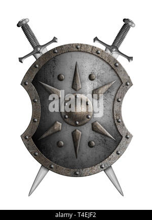 metal shield with crossed swords isolated 3d illustration Stock Photo
