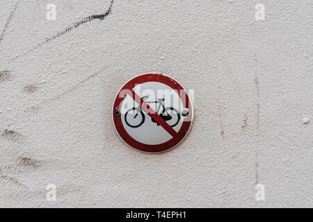 Road sign on wall. No bikes Stock Photo