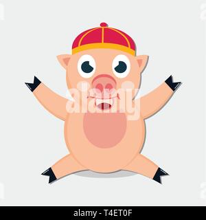 pig sitting smile wearing chinese hat vector illustration Stock Vector