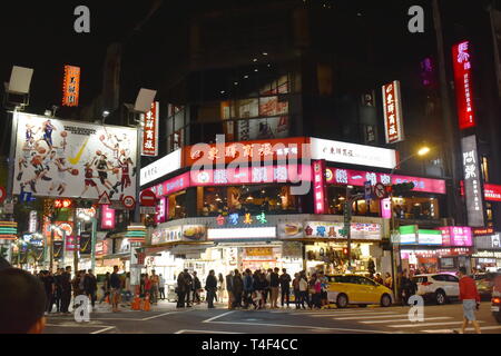 Taipei Taiwan March, 30 2019 : cityscape building and street at Ximending market in night Stock Photo