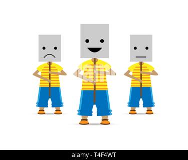 People in masks with different states of the soul. Smile, sadness, indifference. Vector illustration Stock Vector