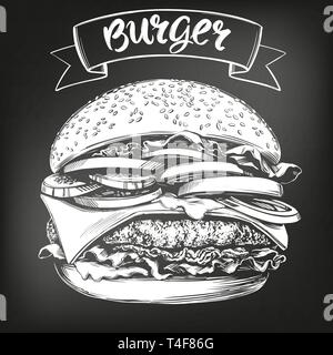 burger, hamburger hand drawn vector illustration sketch. chalk menu. retro style Stock Vector