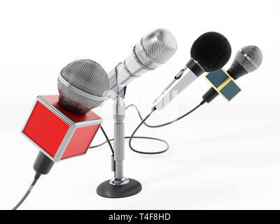 Aligned news microphones isolated on white background. 3D illustration. Stock Photo