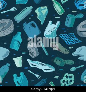 Seamless pattern ocean pollution. Keep the sea, plastic free concept. Vector illustration Hand drew doodle symbols collection. Vector Illustration Col Stock Vector