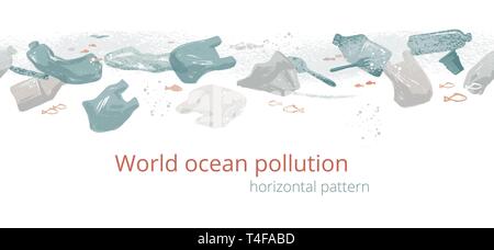 Seamless horizontal pattern with corals, algae, fish, and starfish. Flat icons with sea plants and symbols. Set of color vector illustrations. Stock Vector