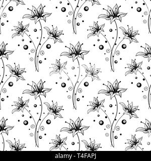 Beautiful seamless background with monochrome black and white flowers. Hand-drawn contour lines and strokes. Stock Vector