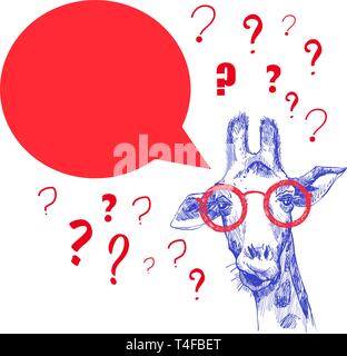 Sketch of the head of a giraffe façade hand drawn with question marks around the head. A thinking giraffe. Solution of the problem. Stock Vector