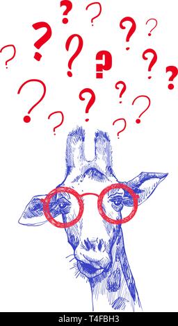 Sketch of the head of a giraffe façade hand drawn with question marks around the head. A thinking giraffe. Solution of the problem. Stock Vector