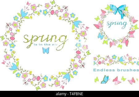 Spring is in the air. Lettering. Floral wreath with butterflies and ribbon. Endless floral brushes. Butterfly isolated on a white background. EPS 10 Stock Vector