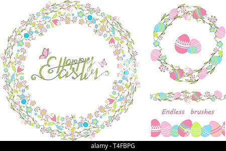 Happy Easter. Lettering. Floral wreath with butterflies and eggs. Endless floral brushes. Eggs isolated on a white background. EPS 10 Stock Vector