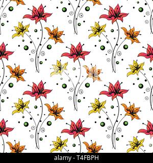 Beautiful seamless background with colorful flowers. Hand-drawn contour lines and strokes. Stock Vector