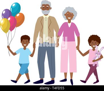 elderly couple with children avatar cartoon character with bunny and balloons vector illustration graphic design Stock Vector