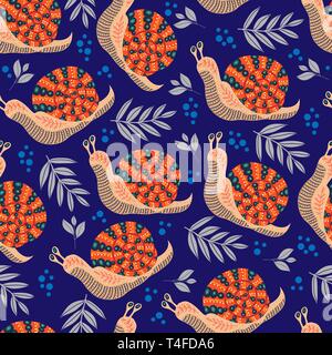 Vector cute seamless pattern with folk snail and leaves on dark blue background. Stock Vector