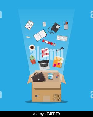 Moving to new office. Cardboard box with folder, document paper, contract, calculator, pen and pencils, eyeglasses, book, ring binder, phone. Keyboard Stock Vector