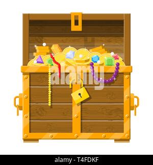 Opened chest with padlock. Chest full of gold coins, jewelry, gems. Wooden treasure box. Vector illustration in flat style Stock Vector