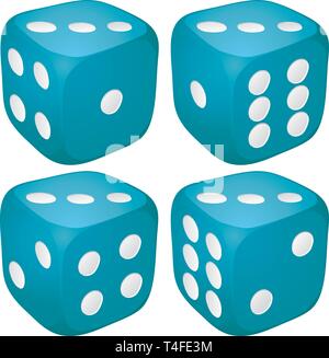 Set of blue casino craps, dices with three points, dots number on top, vector illustration Stock Vector
