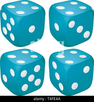 Set of blue casino craps, dices with four points, dots number on top, vector illustration Stock Vector