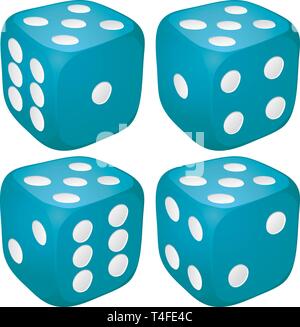 Set of blue casino craps, dices with five points, dots number on top, vector illustration Stock Vector