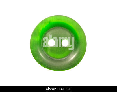 Green plastic button on the upper clothes isolated on white Stock Photo