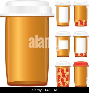 Set of prescription medicine bottles isolated on a white background, vector illustration Stock Vector