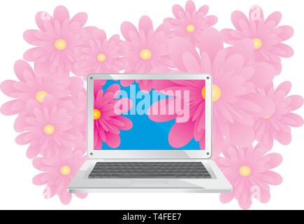 Simple silver laptop with contrast flowers, vector illustration Stock Vector