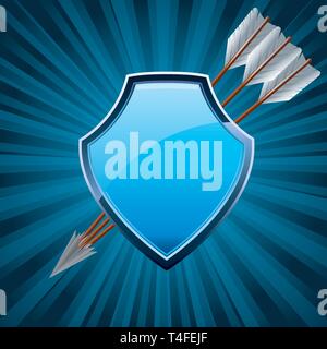Security shield, coat of arms symbol icon, decorated with arrows, blue vector illustration Stock Vector