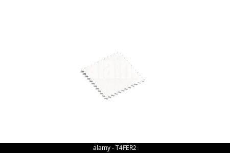 Blank white square postage mark mock up, side view, isolated, depth of field, 3d rendering. Empty post stamp mockup. Clear postal sticker label for philately or mailing template.
