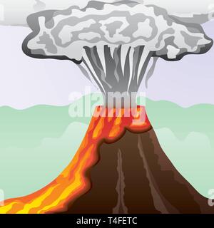 Fuming volcano with fiery lava and big column of smoke, vector illustration Stock Vector