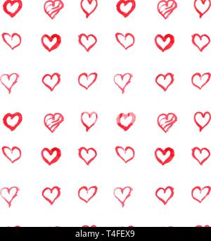 Red hearts - seamless pattern, background, texture. Hand drawing, watercolor. Designed for fabric, paper and other surfaces. Stock Vector
