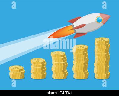 Stack of golden cryptocoins. Rocket flying up on coins growth chart. Money and finance. Digital currency. Virtual money, cryptocurrency and digital pa Stock Vector