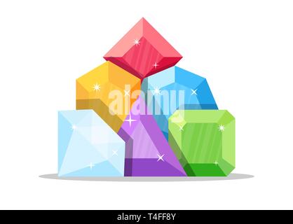 Set of diamonds in various shapes. Colored gems. Gemstone vector. Set of crystals and minerals in flat style. Stock Vector