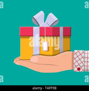Gift boxes in hand. Colorful wrapped. Sale, shopping. Present boxes different sizes with bows and ribbons. Collection for birthday and holiday. Vector Stock Vector