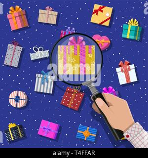 Gift boxes and hand with magnifying glass. Colorful wrapped. Sale, shopping. Present boxes different sizes with bows and ribbons. Collection for birth Stock Vector