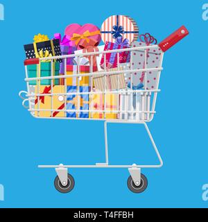 Gift boxes in shopping cart. Colorful wrapped. Sale, shopping. Present boxes different sizes with bows and ribbons. Collection for birthday and holida Stock Vector