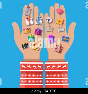 Gift boxes in hand. Colorful wrapped. Sale, shopping. Present boxes different sizes with bows and ribbons. Collection for birthday and holiday. Vector Stock Vector