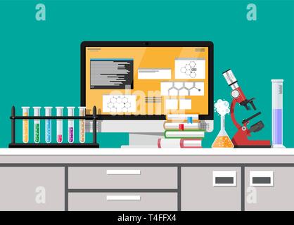Laboratory equipment, jars, beakers, flasks, microscope and pile of books. Computer with software. Biology science education medical. Vector illustrat Stock Vector